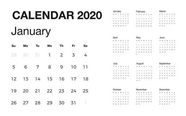 Calendario de escritorio minimalista 2020 año. Diseño de calendario con nombre en inglés de meses y día de semanas. Ilustración vectorial — Archivo Imágenes Vectoriales