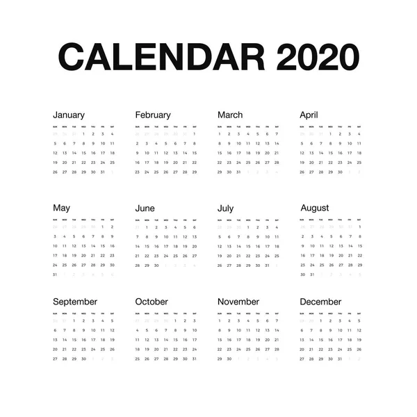 Calendario de escritorio minimalista 2020 año. Diseño de calendario con nombre en inglés de meses y día de semanas. Ilustración vectorial aislada sobre fondo blanco — Archivo Imágenes Vectoriales