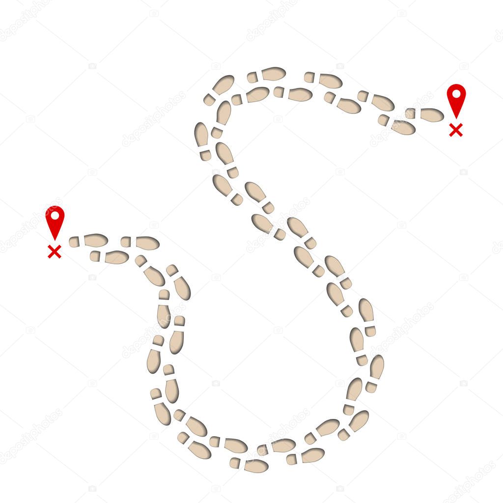 Footprint trail from start point to finish pin. Print of boots. vector illustration isolated on white background