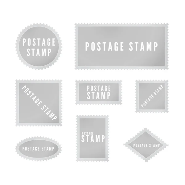 Gray postal stamp template collection with shadow. Retro blank postage stamp with perforated border. Vector illustration isolated on white background — Stock Vector