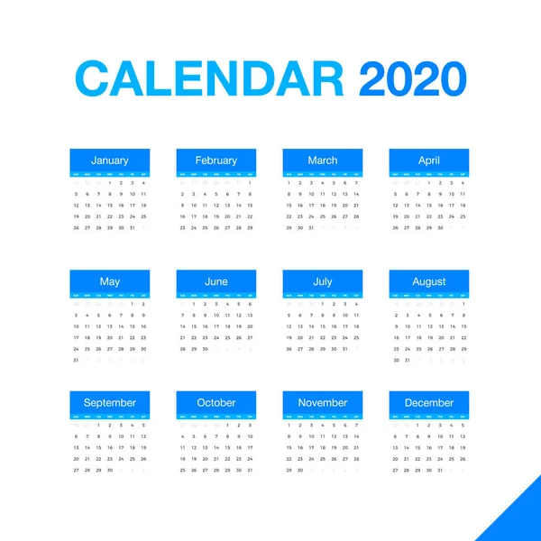 Calendario de escritorio minimalista 2020 año. Diseño de calendario con nombre en inglés de meses y día de semanas. Ilustración vectorial aislada sobre fondo blanco — Archivo Imágenes Vectoriales