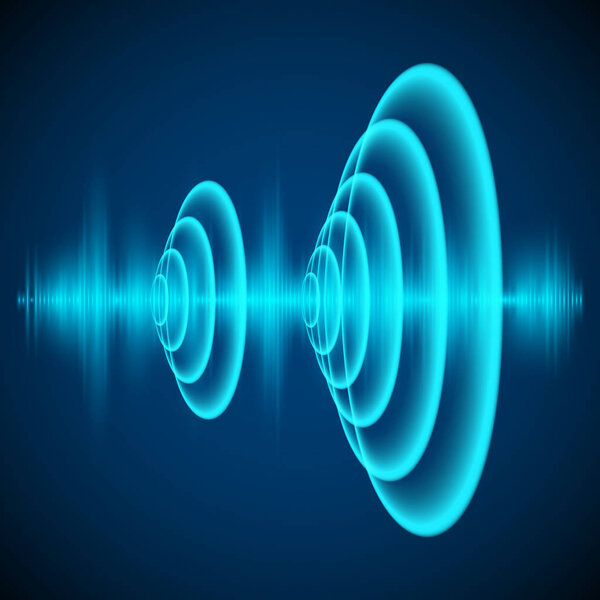 Abstract digital sound wave. Sine wave on dark background. Radial sonar waves. Vector illustration