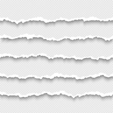 Gölge ile yatay sorunsuz yırtılmış beyaz kağıt kümesi. Hasarlı karton kenarlıklar. Yırtık kağıt şeritleri. Saydam arka planda yalıtılmış vektör çizimi