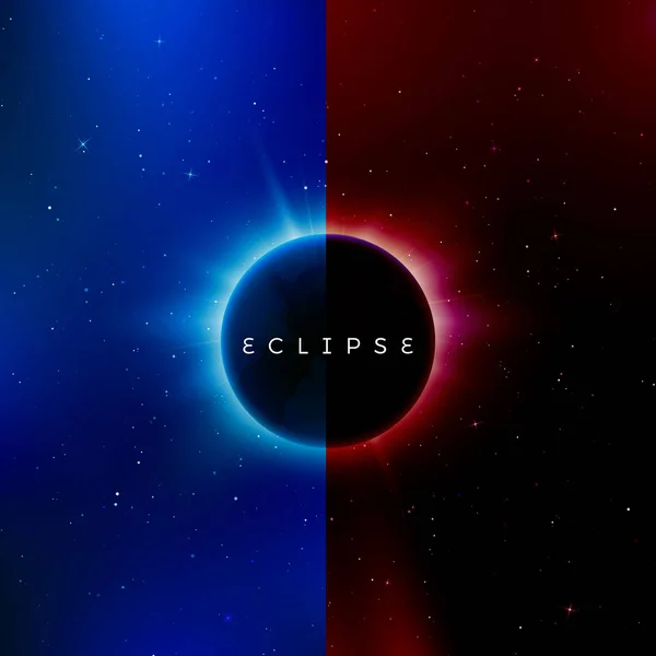 Eclipse solar. Efecto astronómico - eclipse de sol. Resumen universo astral fondo rojo y azul versión. Rayos de luz estelar estallaron desde detrás del planeta. Ilustración vectorial — Archivo Imágenes Vectoriales