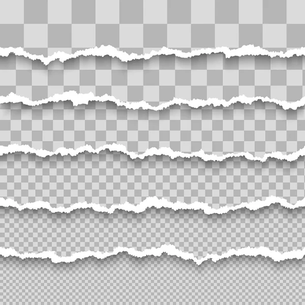 Набор горизонтальной бесшовной порванной белой бумаги с тенью. Разорванные полоски бумаги. Поврежденные картонные границы. Векторная иллюстрация на прозрачном фоне — стоковый вектор