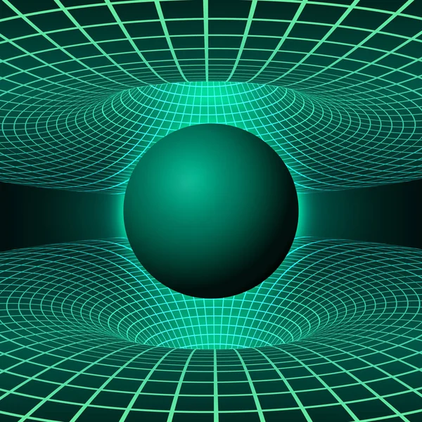 Un buco nero. Illustrazione del tempo e dello spazio di deformazione in colori verdi. Distruzione della materia da parte del buco nero. Illustrazione vettoriale — Vettoriale Stock