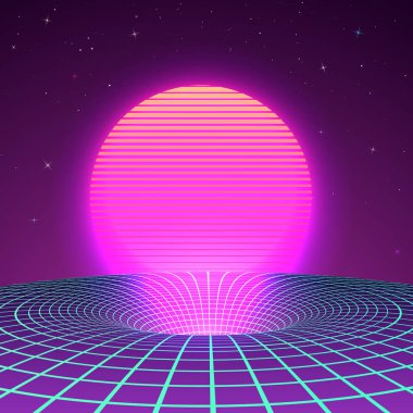 80'li veya 90'lı yıllarda neon renklerde Black Hole. Retrowave elektronik müzik stili için arka plan veya kapak. Bilimkurgu poster şablonu. Vektör çizimi