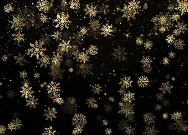 Падающие золотые снежинки. Золотой снег. Новогодний и рождественский узор с золотыми снежинками на черном фоне. Векторная иллюстрация — стоковый вектор