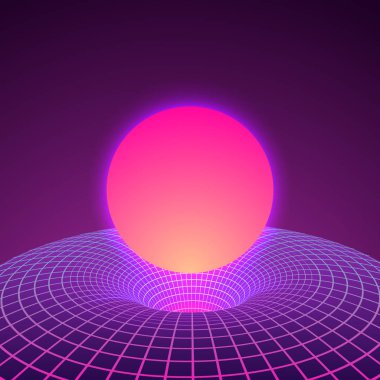 80'li yıllarda neon renklerde Kara Delik ve warp alanı. Retrowave elektronik müzik stili için arka plan veya kapak. Vektör çizimi