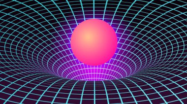Warp uzay - 80s tarafından neon renklerde Kara Delik. Retrowave müzik stili için arka plan veya kapak. Vektör çizimi