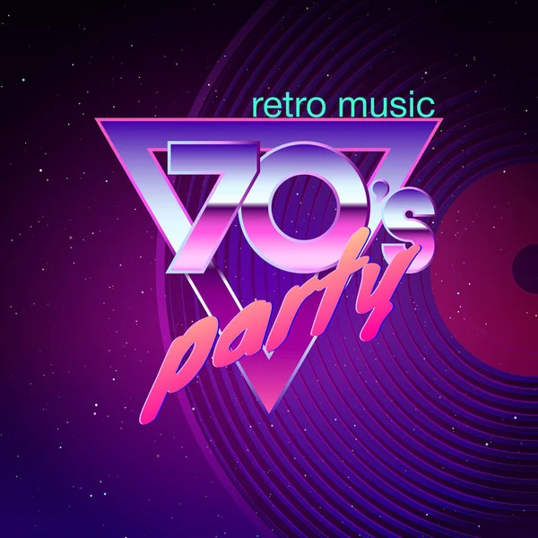 Plantilla Paster para fiesta retro disco de los años 70. Colores de neón y disco de vinilo sobre fondo. Folleto de música vintage. Ilustración vectorial — Vector de stock