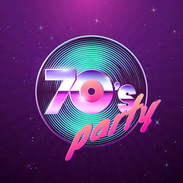 Paster template para a festa retro disco dos anos 70. Gravação de vinil e neon cores elemento de estilo 1970. Folheto de música vintage. Ilustração vetorial —  Vetores de Stock