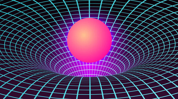 Warp space - Black Hole in neon colors by 80s. Background or cover for retrowave music style. Vector illustration