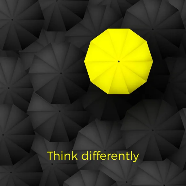 Σκέψου διαφορετικές επιχειρηματικές έννοιες. Μια κίτρινη μοναδική ομπρέλα που διαδέχεται μαύρες ομπρέλες στο παρασκήνιο. Απεικόνιση διανυσματικών φορέων — Διανυσματικό Αρχείο