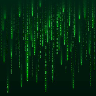Bilimkurgu Arka Plan. İkili bilgisayar kodu. Yeşil dijital numaralar. İkili sayıların matrisi. Fütüristik hacker soyutlama zemin. Karanlık arka plana düşen rastgele sayılar. Vektör