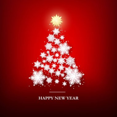 Noel Ağacı Tebrik Kartı Şablonu. Kağıt Kar Taneleri Yeni Yıl Ağacı Siluet. Mutlu Yıllar ve Mutlu Noeller. Soyut Tatil Arka Plan. Vektör 