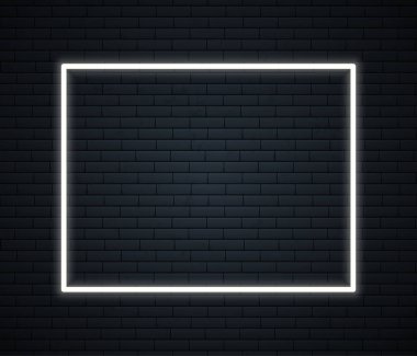 Duvardaki yazı için yeri olan neon çerçeve. Karanlık arka planda neon işareti. Vektör illüstrasyonu