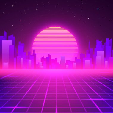 Siluetli Gece Şehri, Ufuk Çizgisi'nde. 80'lerin Retro Bilimkurgu Arka Planı. 80s Style Fütüristik Tasarım. Vektör çizimi
