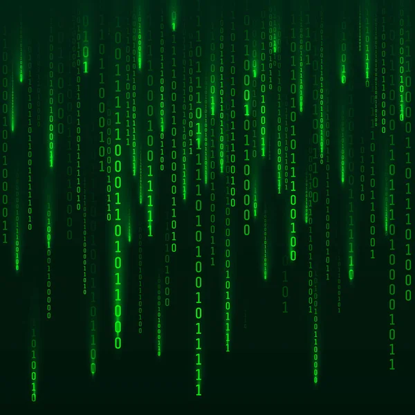 Sci-fi Background. Binary computer code. Green digital numbers. Matrix of binary numbers. Futuristic hacker abstraction backdrop. Random numbers falling on the dark background. Vector — Stock Vector