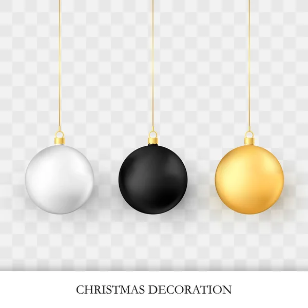 クリスマスの飾り現実的な光沢のあるクリスマスツリーと新年の木の装飾。ゴールデンホワイトと黒伝統的な休日現実的なクリスマスボール。ベクトルイラスト — ストックベクタ