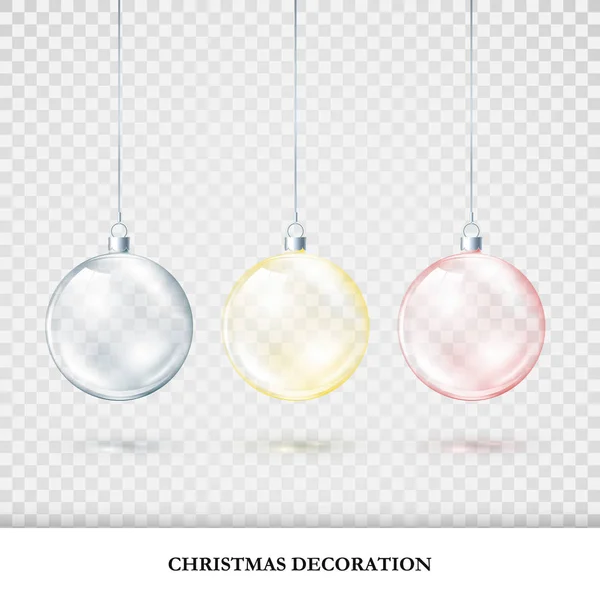 Christmas decorations colorful set. Red blue and yellow xmas balls isolated on transparent background. Holiday decorative element for your design. Vector illustration — Stock Vector