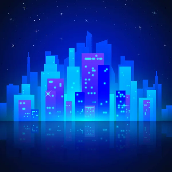 Paesaggio urbano al neon con colori brillanti e brillanti. Silhouette di città futuristica con riflesso. Stile retrò anni '80. Illustrazione vettoriale — Vettoriale Stock