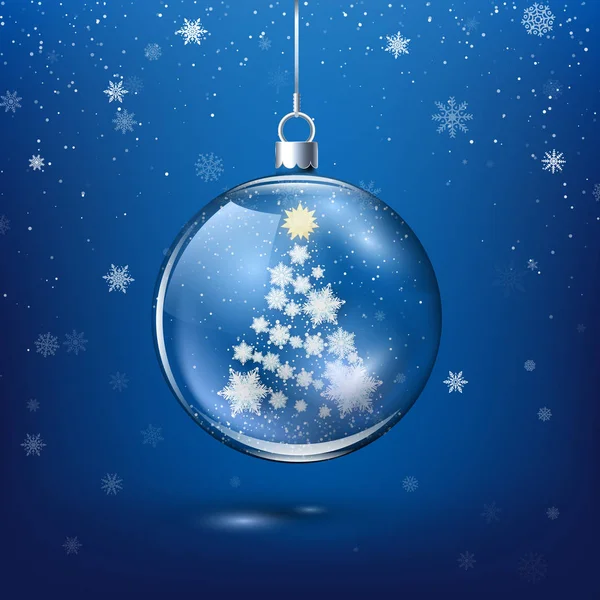 Transparenter Weihnachtsschmuck mit Silhouette des Neujahrsbaums aus Papierschneeflocken im Inneren. Festlicher Schneefall im Hintergrund. Vektorillustration — Stockvektor