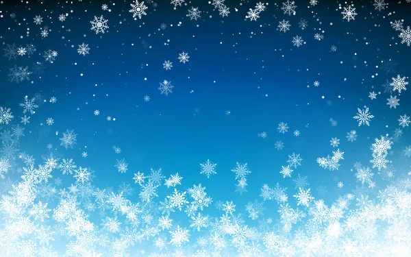 Snöfall jul bakgrund. Flygande snöflingor på natten vinter blå himmel bakgrund. Vinter wite snowflake mall. Vektor illustration — Stock vektor
