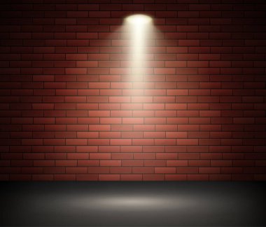 Sahne tuğla duvara karşı spot aydınlatmalı. Boş Stüdyo ve Spot Of Light. Vektör çizimi
