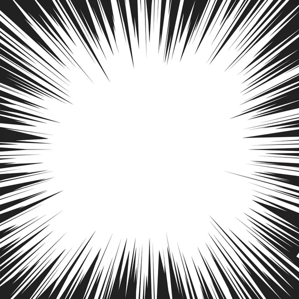 Comic book radial speed lines template. Manga speed frame. Cartoon explosion background. Superhero action. Monochrome vector illustration isolated on white background — Stock Vector