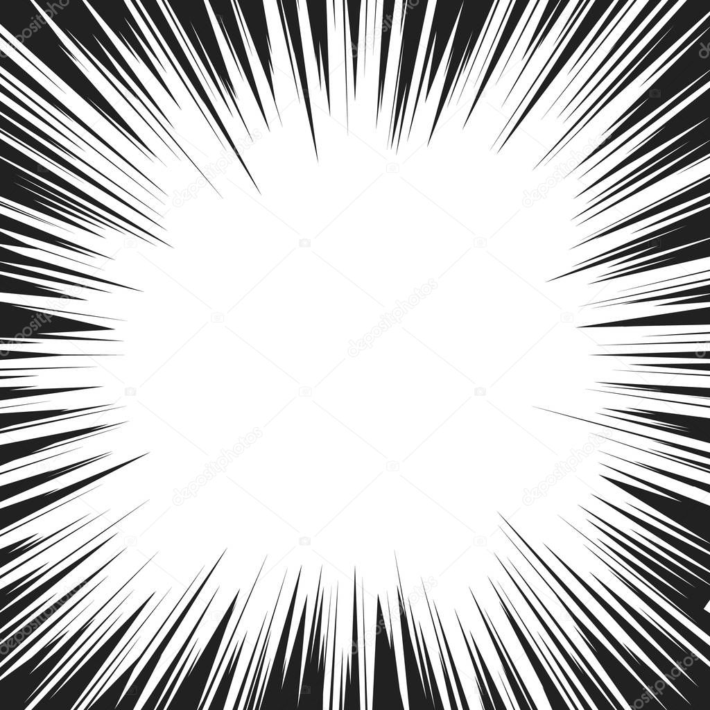 Comic book radial speed lines template. Manga speed frame. Cartoon explosion background. Superhero action. Monochrome vector illustration isolated on white background