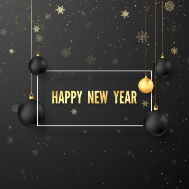Yeni Yıl Tebrik Kartı. Cristmas dekorasyon siyah ve altın topları ile koyu arka plan üzerinde beyaz çerçeve altın metin. Vektör çizimi