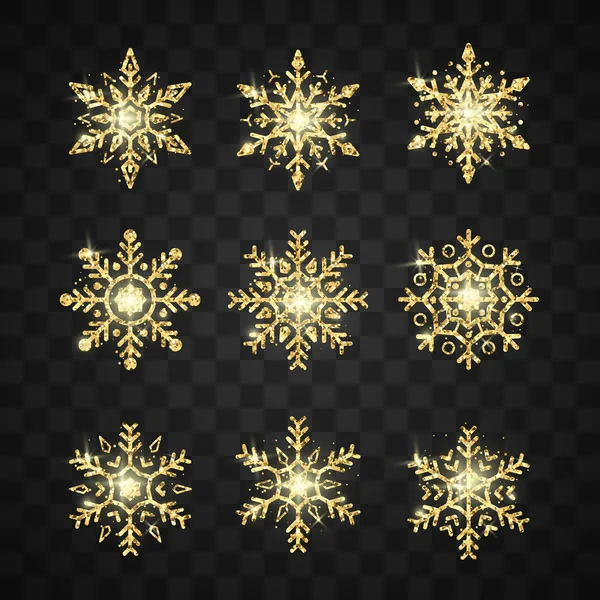 Goldene Schneeflocken gesetzt. Neues Jahr und Weihnachtsdekoration Element. goldglänzende Luxus Flocken Kollektion. Vektor-Illustration isoliert auf transparentem Hintergrund — Stockvektor