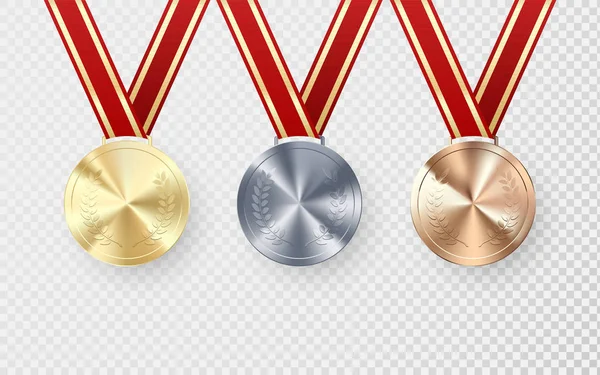Arany ezüst és bronz kitüntetések babér lógott a vörös szalagot. A győzelem és a siker díjazott szimbóluma. Átlátszó háttérrel izolált vektorillusztráció — Stock Vector