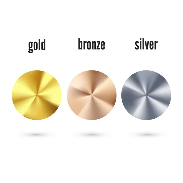 Arany ezüst és bronz radiális gradiens szett. Reális fémfólia. Gyűjteménye fényes bronz ezüstös és arany mintázat. Vektoros illusztráció — Stock Vector