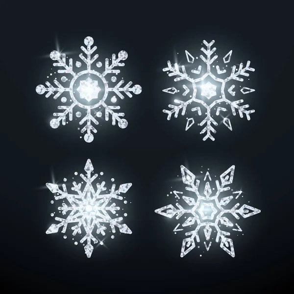 Silver Snowflake Set. Christmas decoration element. Shiny silver luxury flake. Vector illustration isolated on black background — Stock Vector