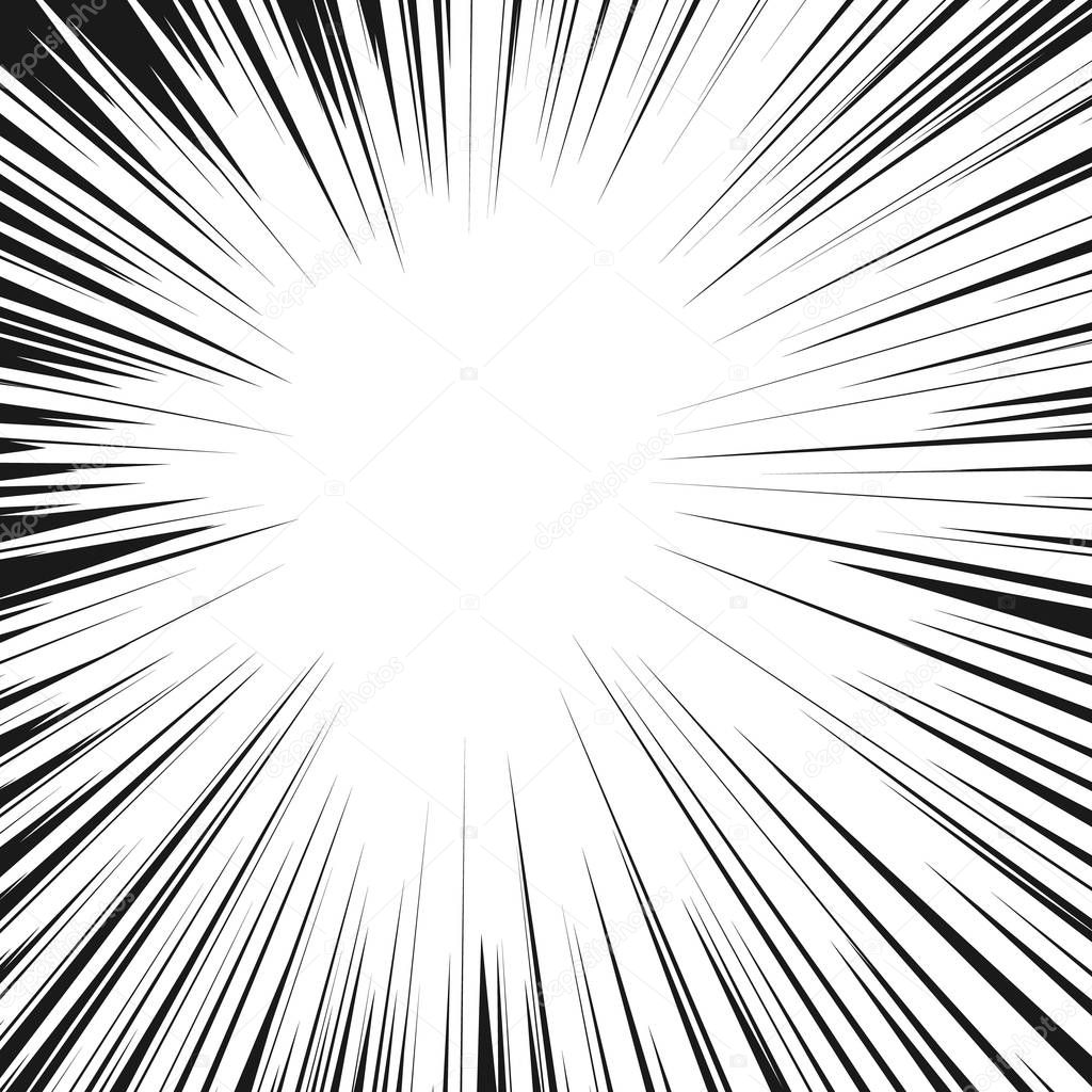Comic radial speed lines background. Manga speed frame. Cartoon explosion background Superhero action. Vector illustration isolated on white background