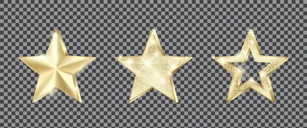 Set of golden stars with glitter. Christmas decoration element. Luxury elegant award - Star. Vector illustration isolated on transparent background — Stock Vector