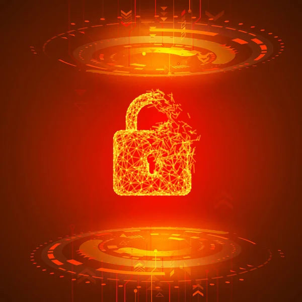 Hackerprogramm oder Netzwerk. Gebrochenes Vorhängeschloss auf rotem Hintergrund. Alarm aus dem Sicherheitssystem. Vektor — Stockvektor