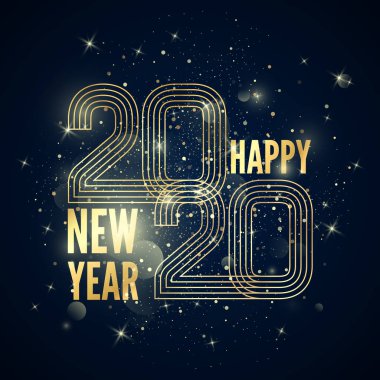 Mutlu yıllar posteri. Renkli altın rengi çizgiler 2020 numarayı yarattı ve simler ve parıltılarla dolu metni oluşturdu. Vektör illüstrasyonu koyu arkaplanda izole edildi