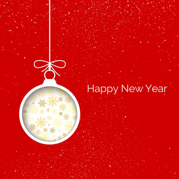 Capa de cartão de saudação de Ano Novo. Corte bolas de Natal de papel no fundo vermelho com floco de neve. Elemento de decoração de férias. Ilustração vetorial —  Vetores de Stock
