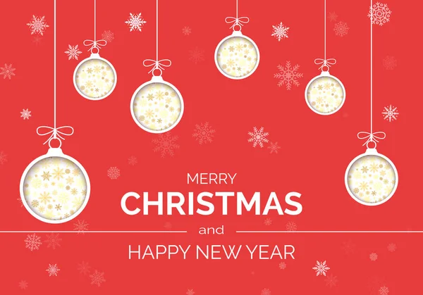 Stilize Yeni Yıl tebrik kartı kapağı. Kırmızı arka planda kağıt Noel toplarını kar tanesiyle kes. Tatil dekorasyon unsuru. Vektör — Stok Vektör