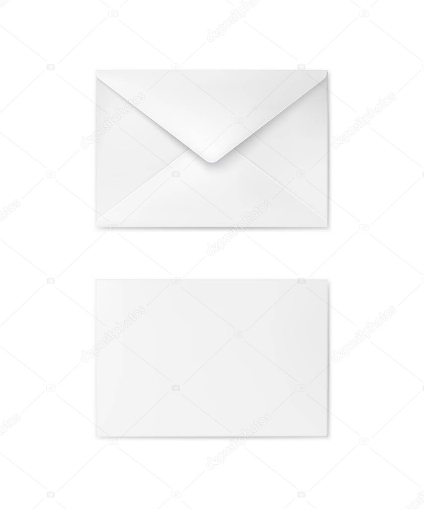 Realistic white envelope. Business mail. Corporate identity envelope mock up back and front view. Vector illustration