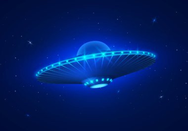Koyu mavi gökyüzünde bir UFO. Vektör illüstrasyonu