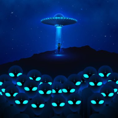 Gece gökyüzünde ışık huzmesi olan UFO ve yeşil gözlü kızgın uzaylılarla dolu bir grup. Uzaylı istilası. Bilim kurgu konsepti. Vektör illüstrasyonu