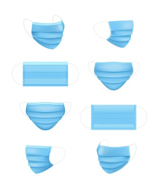 Solunum maskesi seti. Tıbbi yüz maskesi. Sağlık sorunları. Virüsler ve hastalık koruması. Güvenli nefes. Mavi cerrahi maske kalıbı. Vektör illüstrasyonu