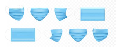 Tıbbi yüz maskesi. Solunum maskeleri. Sağlık sorunları. Virüsler ve hastalık koruması. Güvenli nefes. Mavi cerrahi maske kalıbı. Vektör illüstrasyonu