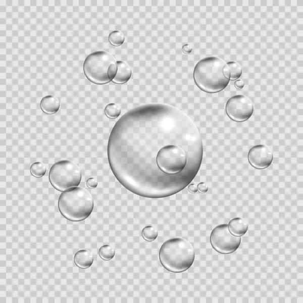 肥皂泡在透明的背景下孤立 空气气泡的流动越来越小 水面上的圆形气泡 矢量说明 — 图库矢量图片