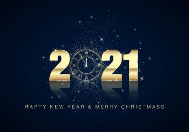 Sihirli Noel Arkaplanı 'nda 2021 Numaralı Altın Saat Kadranı. Yeni yıl geri sayımı ve çanlar. Tasarım Posteriniz veya Davetiyeniz için 12 Şablon 'dan 5 dakika önce. Vektör illüstrasyonu