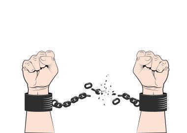 Zincirleri ya da zincirleri koparan iki eli birbirine kenetlenmiş. Devrimin ve özgürlüğün sembolü. Özgürlük kavramı. Vektör